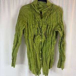 Luisa Cerano Green Crinkled Button-Up Blouse USA 14    43 % silk